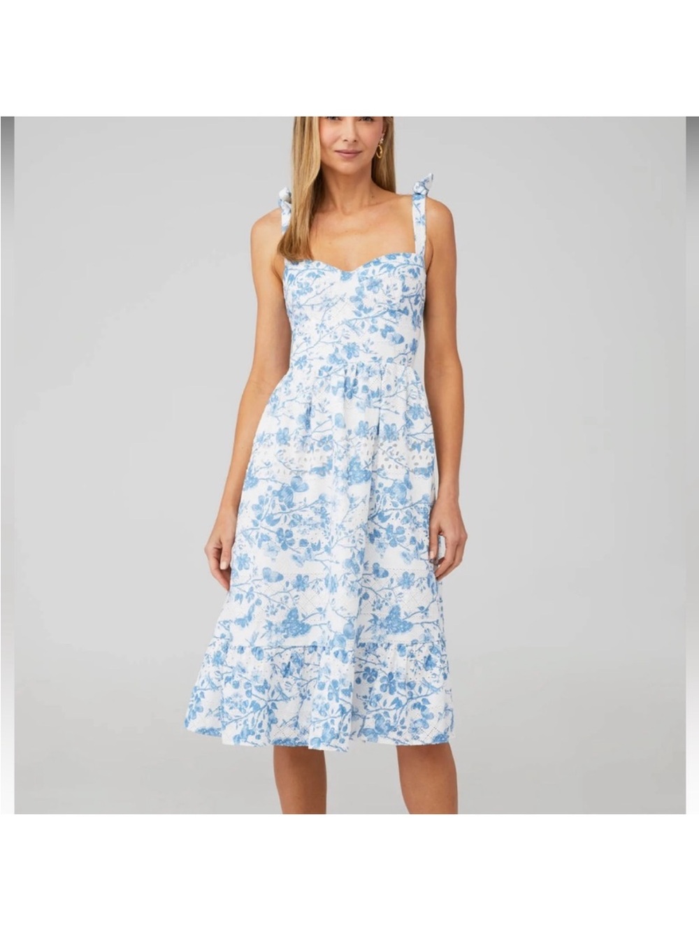 Steve Madden Floral Eyelet Tie-Shoulder Midi Dress in Blue and White